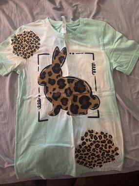 Mint Green Short Sleeve Tee with Leopard Bunny Graphic